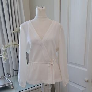 J.CREW Womens Ivory Crepe Faux Wrap Blouse Tie Belt Balloon Sleeves V-Neck S-8